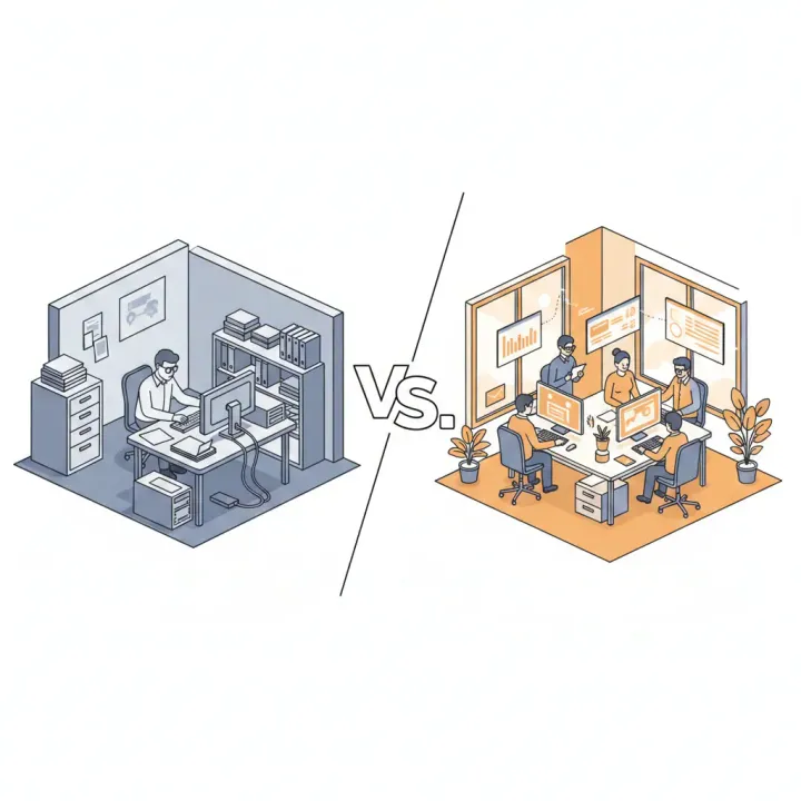 Ein Foto, das zwei Welten zeigt: Auf der einen Seite ein klassischer Büro-Arbeitsplatz mit einem IT-Mitarbeiter; auf der anderen Seite ein vernetztes, modernes Team-Hub.