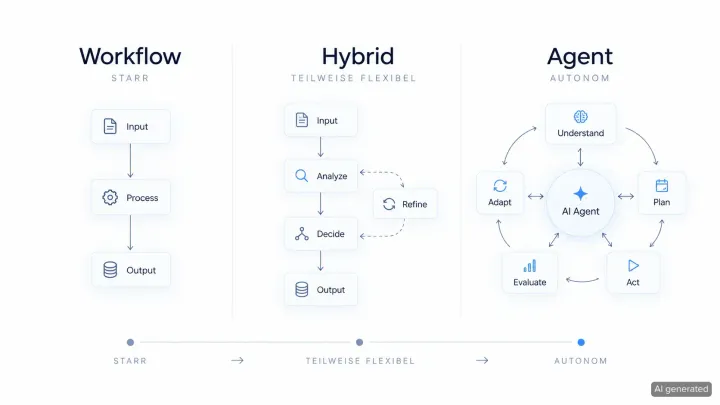 Vergleich zwischen Workflow-Automatisierung, hybrider KI-Automatisierung und KI-Agent